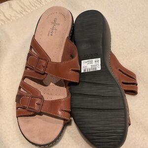 Clarks Brown Leather Double-Buckle Slide Sandals
